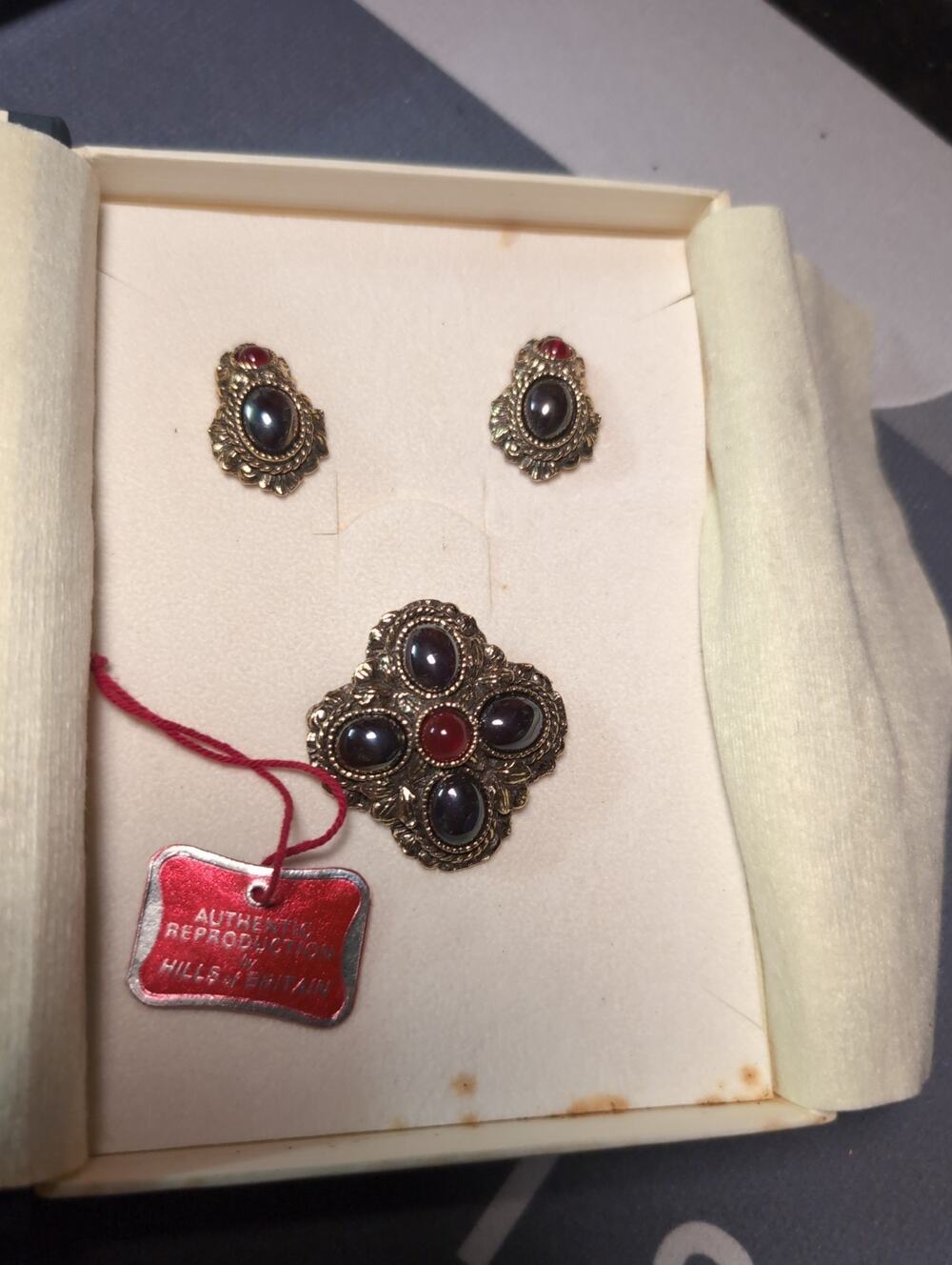 Vintage Miracle Gem Brooch Earring Set Boxed Made in England Costume Jewelry
